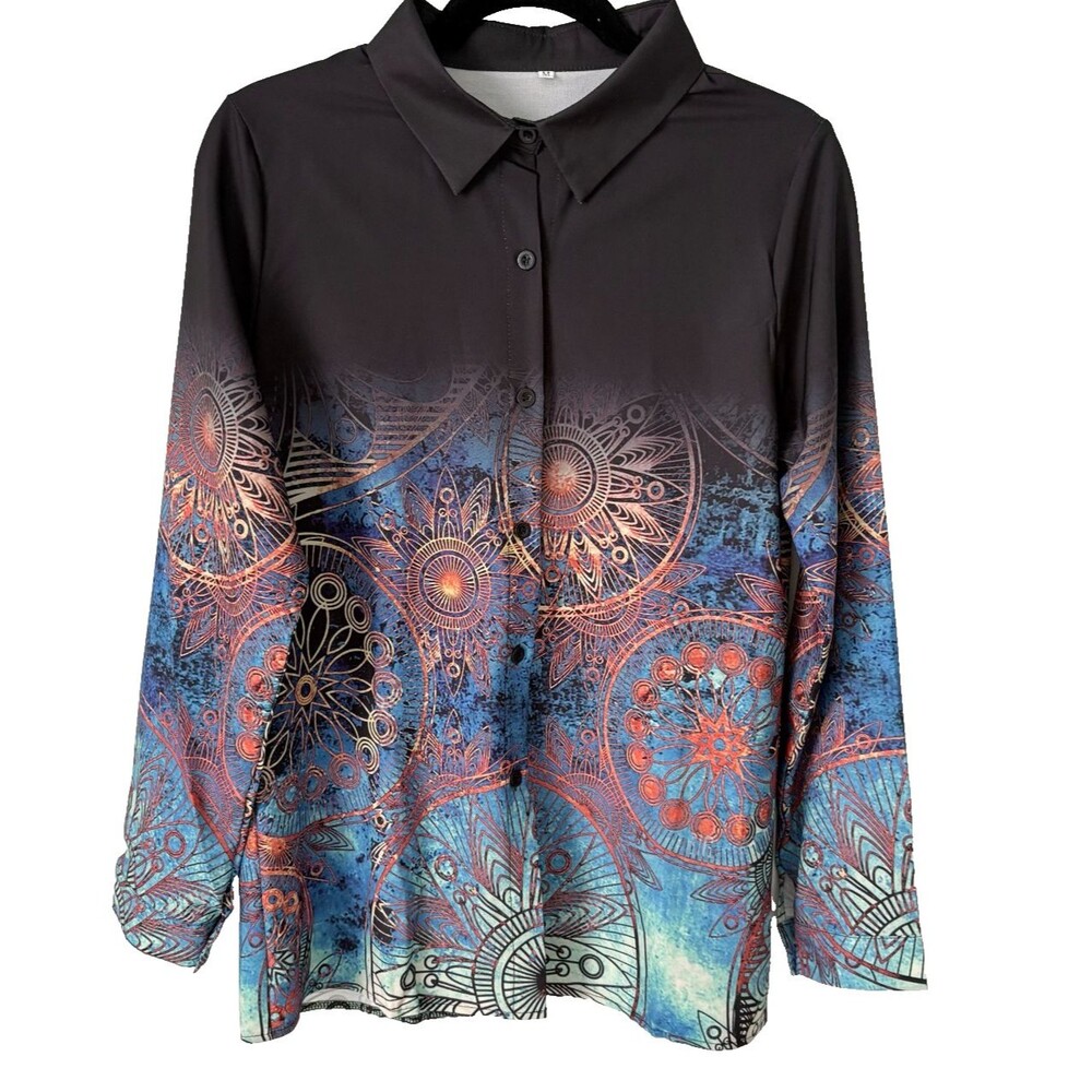 Long Sleeve Button Down Shirt Womens Mandala Print Multicolor Medium Size